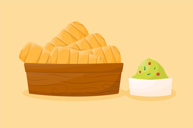 Ilustração desenhada à mão de tequeños com guacamole