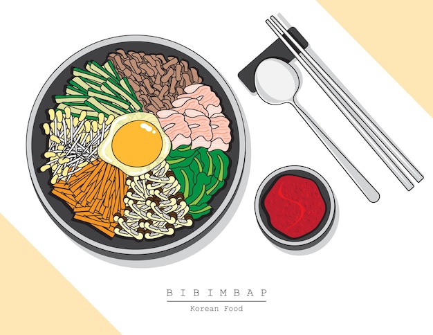 Vetor ilustração desenhada à mão de tigela de bibimbap de arroz coreano servido com colher e pauzinhos na mesa