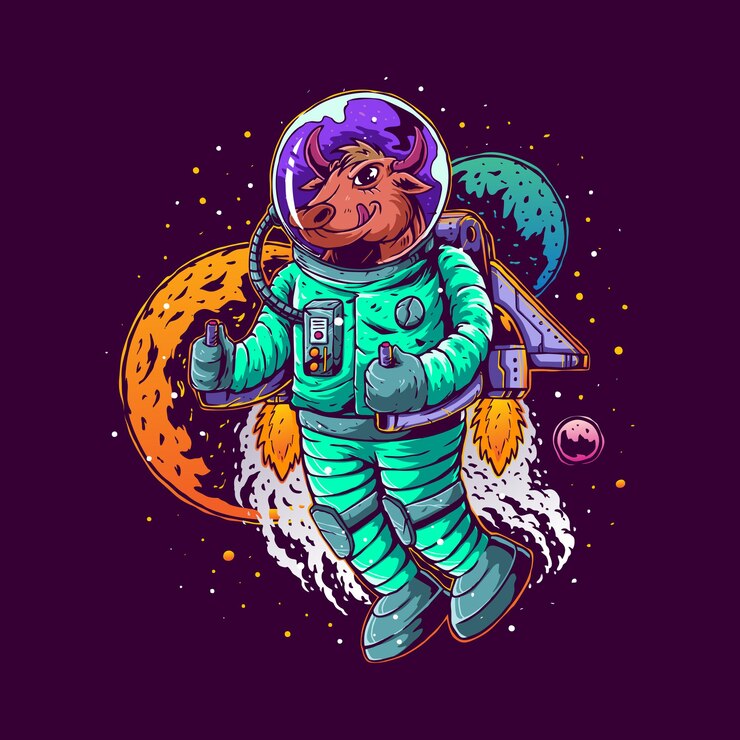 Vetor ilustração desenhada à mão de touro com terno de astronauta