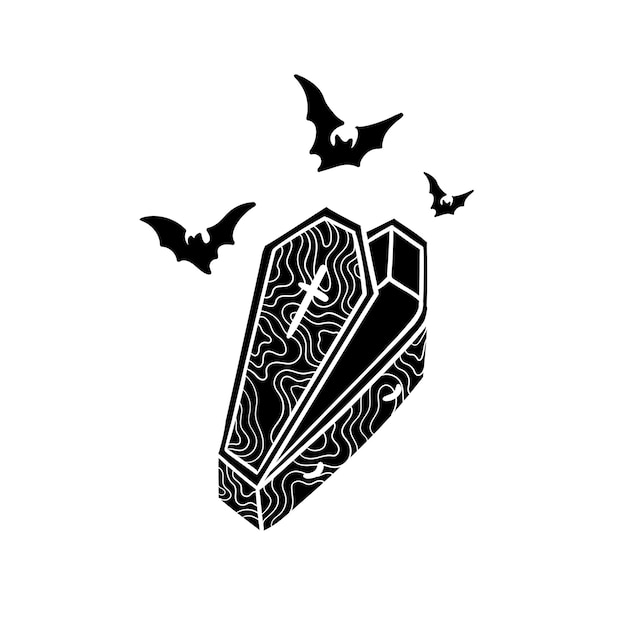 Vetor ilustração desenhada à mão de um caixão e uma silhueta de morcego