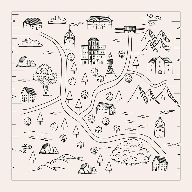 Vetor ilustração desenhada à mão de um mapa de fantasia