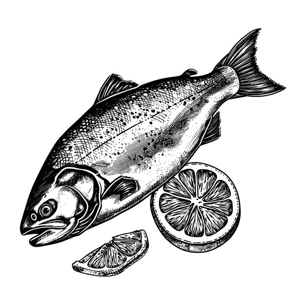 Ilustração desenhada à mão de um peixe de salmão inteiro vetor preto e branco isolado