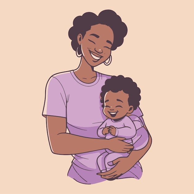 Ilustração desenhada à mão de uma mãe e seu bebê