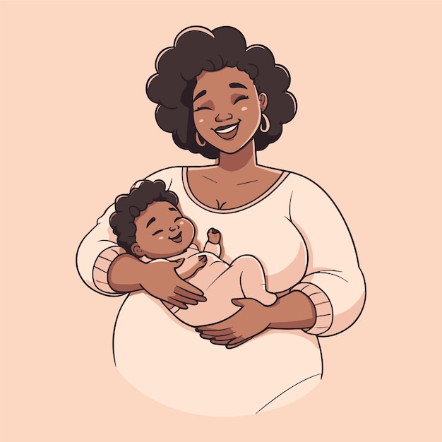Ilustração desenhada à mão de uma mãe e seu bebê
