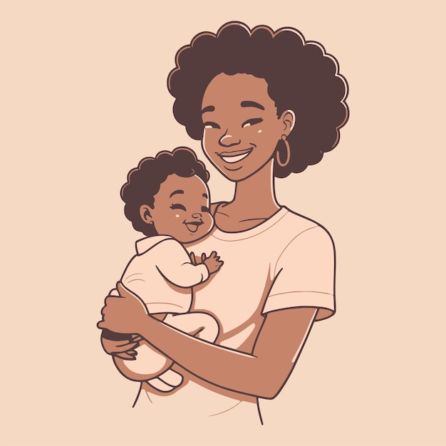 Ilustração desenhada à mão de uma mãe e seu bebê