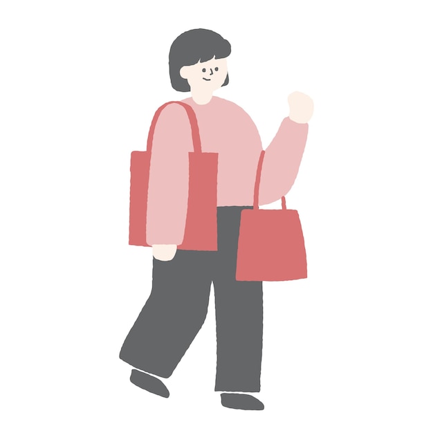 Ilustração desenhada à mão de uma mulher fazendo compras com sacolas