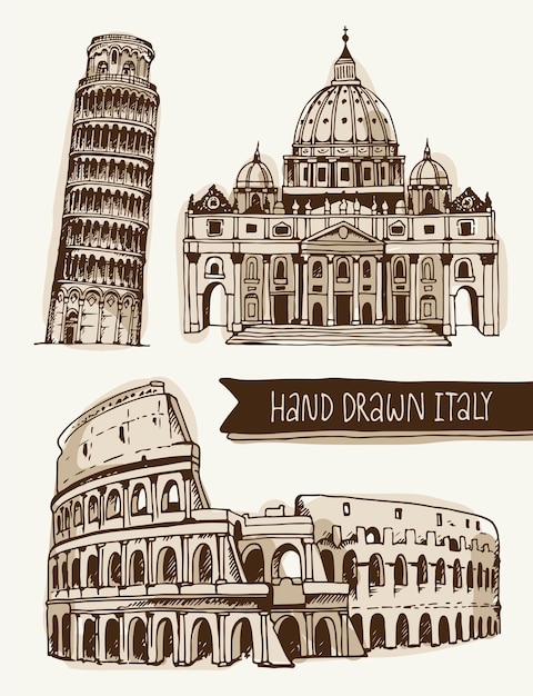 Vetor ilustração desenhada à mão do coliseu torre de pisa basílica de são pedro