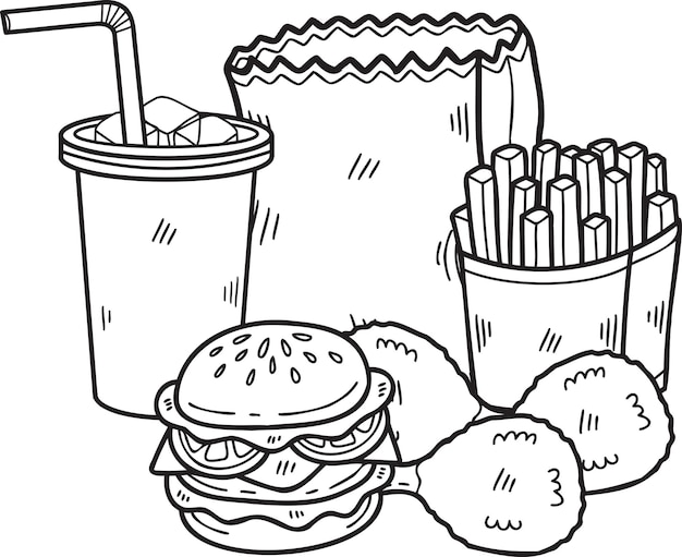 Ilustração desenhada à mão do conjunto de fast-food em estilo doodle