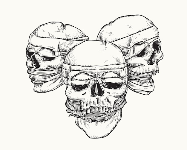 Vetor ilustração desenhada à mão do crânio da cabeça da múmia