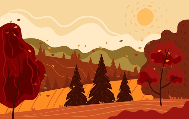 Ilustração desenhada à mão do design gráfico da paisagem da natureza do outono