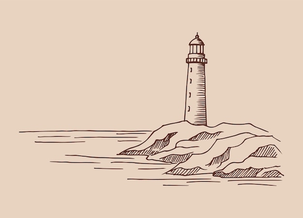 Ilustração desenhada à mão do farol convertida em vetor vetor de ilustração de esboço de paisagem gráfica da costa do mar