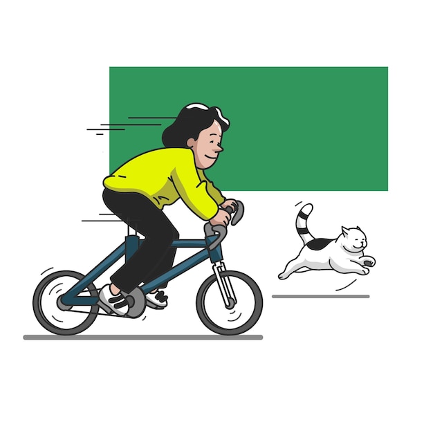 Vetor ilustração desenhada à mão do homem perseguindo o gato com sua bicicleta