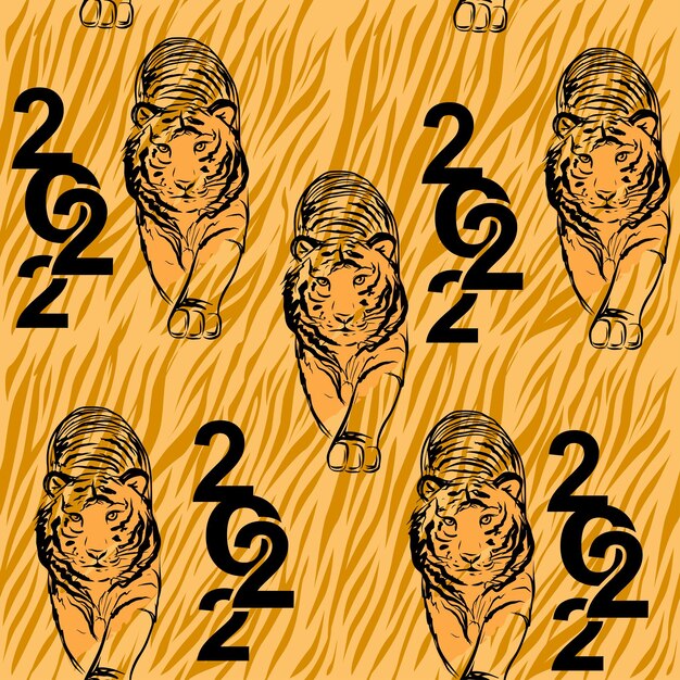 Ilustração desenhada à mão do tigre de ano novo em uma linha sem costura padrão vector symbol 2022