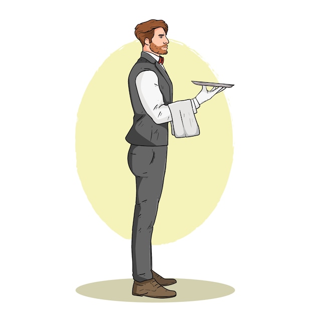 Ilustração desenhada à mão dos desenhos animados do garçom