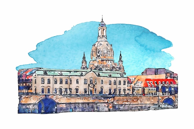 Ilustração desenhada à mão em aquarela de arquitetura dresden alemanha isolada em fundo branco