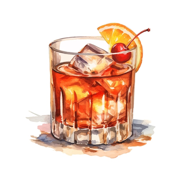 Ilustração desenhada à mão em aquarela de coquetel negroni beba clipart em fundo branco