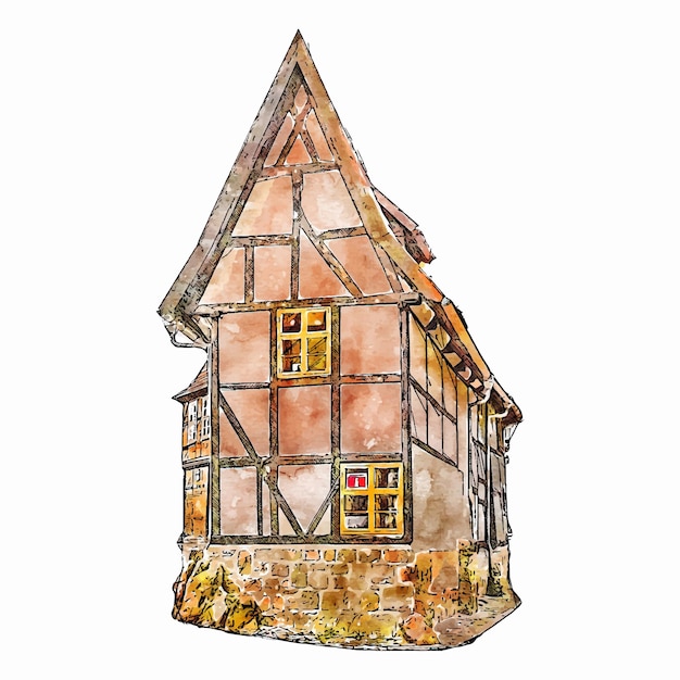 Ilustração desenhada à mão em aquarela de quedlinburg alemanha isolada no fundo branco