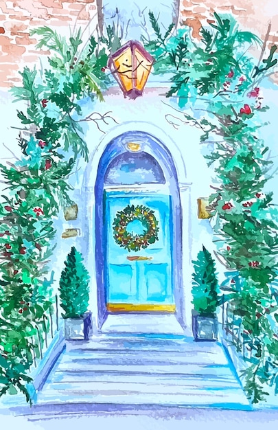 Ilustração desenhada à mão em aquarela guirlanda de natal em uma porta, porta azul decorada de natal