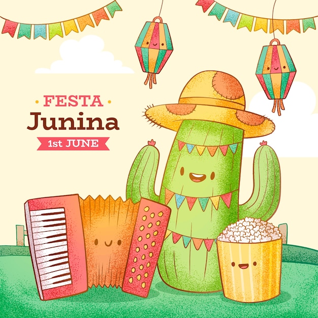 Ilustração desenhada à mão para a celebração brasileira das festas juninas