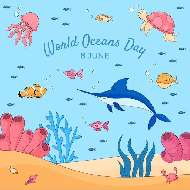 Vetor ilustração desenhada à mão para a celebração do dia mundial dos oceanos