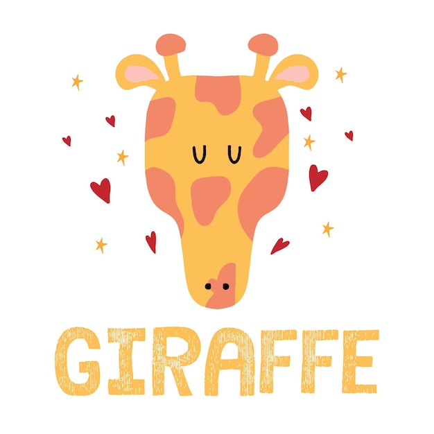 Ilustração desenhada à mão para crianças de uma cabeça de girafa girafa bonita com corações e estrelas