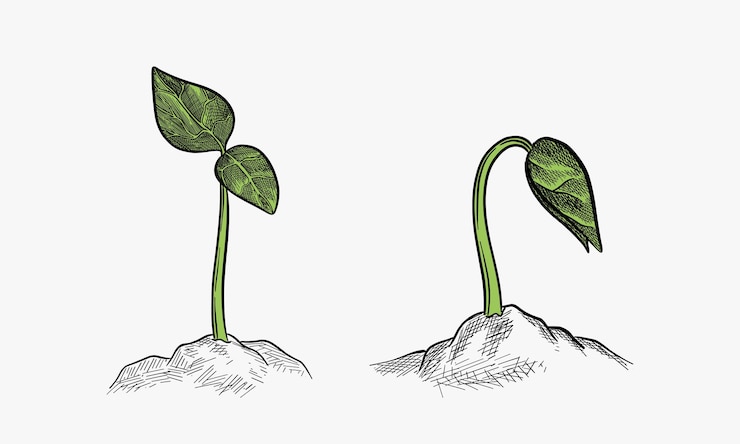 Vetor ilustração desenhada à mão por vetor com brotos jovens em diferentes fases de crescimento esboço de plantas isoladas em branco