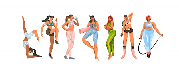 Vetor ilustração desenhada mão conjunto pacote com mulheres de treinamento de fitness esporte em roupas esportivas sobre fundo de cor branca.