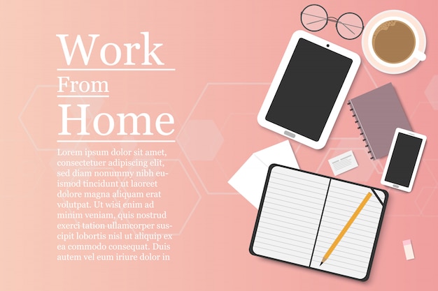 ilustração design plano de equipamentos de escritório empresarial moderno - laptop, dispositivos digitais, lápis, café e bloco de notas. - trabalhe do conceito de casa.