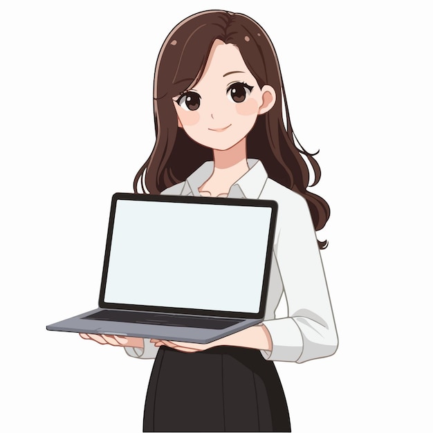 Vetor ilustração design plano modelo de promoção publicitária beleza mulher mostrando laptop com tela em branco