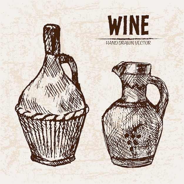 Vetor ilustração detalhada de frascos de vinho desenhada a mão na linha de arte