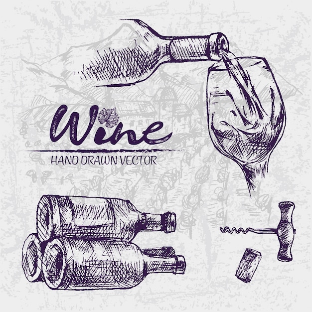 Vetor ilustração detalhada de garrafas de vinho desenhadas a mão na linha de arte