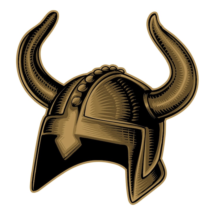 Vetor ilustração detalhada de um capacete viking com chifres em cores douradas e pretas