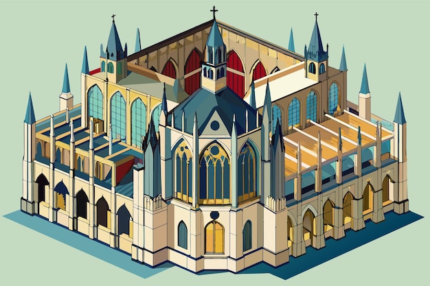 Ilustração detalhada de uma catedral gótica multicolorida com inúmeras torres, janelas de vitrais arqueadas e contrafortes voadores