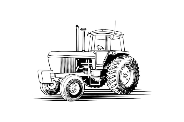 Ilustração detalhada em preto e branco de um trator clássico