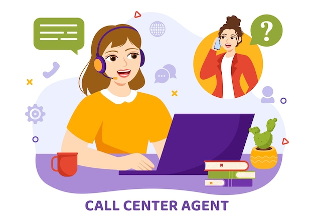 Ilustração do agente do centro de chamadas do serviço ao cliente ou do operador da linha directa com fone de ouvido e computador