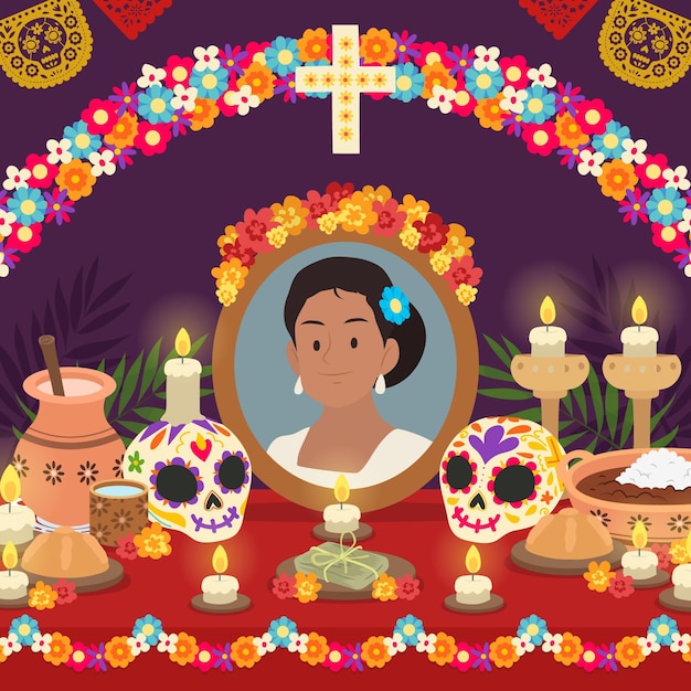 Ilustração do altar doméstico familiar desenhada à mão com diâmetro plano de muertos