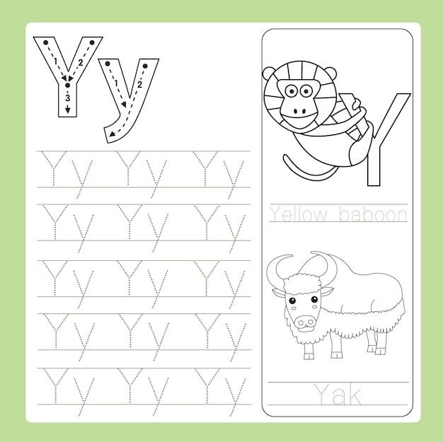 Ilustração do animal de vocabulário de desenho animado Y exercício AZ