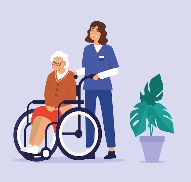 Vetor ilustração do assistente de saúde sobre os deveres com a senhora idosa em cadeiras de rodas em um lar de idosos.