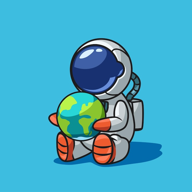 Vetor ilustração do astronauta de estilo cartoon fofo sentado e segurando o planeta terra