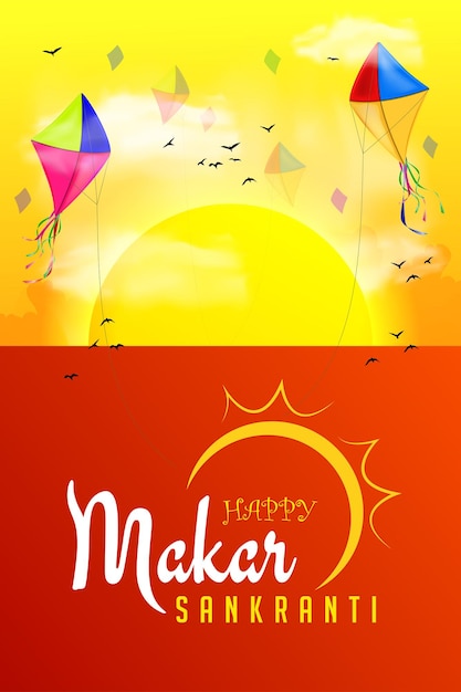 Ilustração do banner do festival makar sankranti com sol nascendo e pipas voando