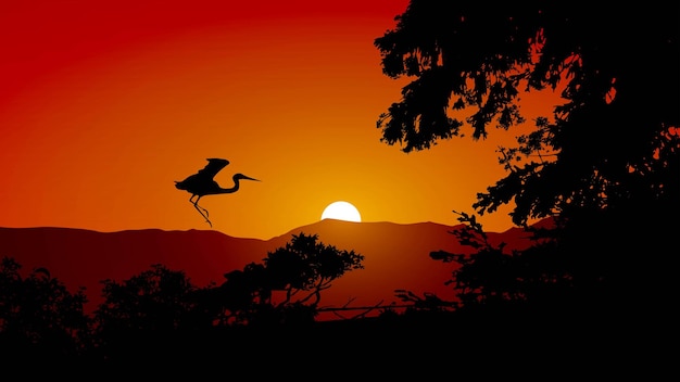 Vetor ilustração do belo pôr do sol com a silhueta da árvore e pássaros voando