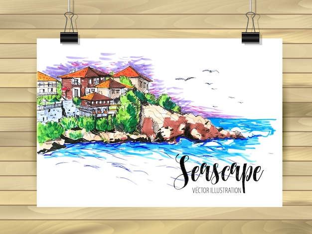 Ilustração do cartão postal para o seascape