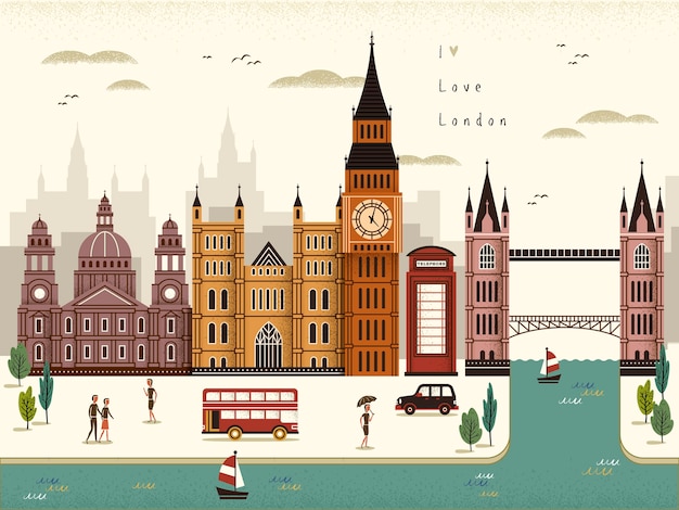 Ilustração do cenário atraente de viagens para londres em estilo simples