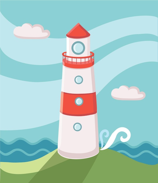 Ilustração do céu e das ondas do farol da ilha