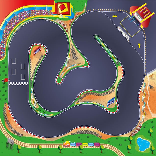 Vetor ilustração do circuito da pista do carro de corrida com elementos esportivos para crianças brincarem com tapete e tapete rolante