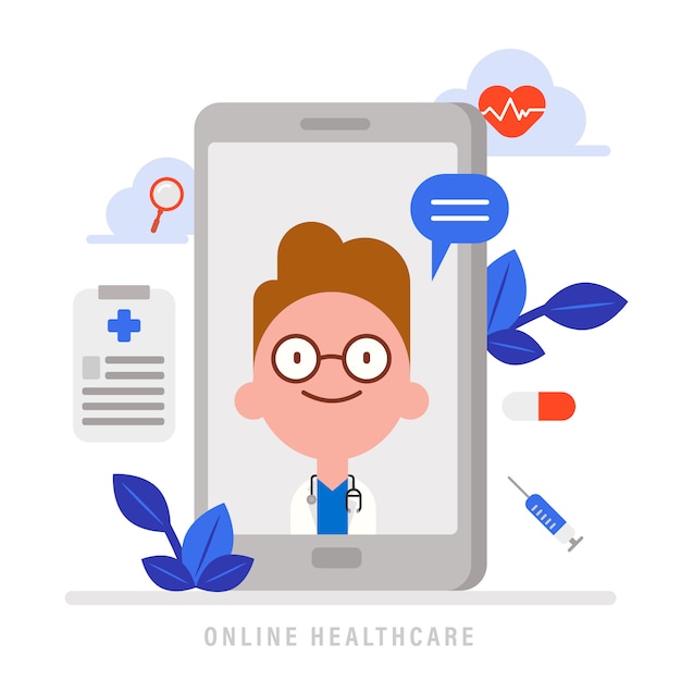 Vetor ilustração do conceito de assistência médica on-line. conselho médico do médico em smartphone. personagem de desenho animado design plano com ícones médicos.