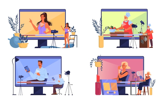 Vetor ilustração do conceito de blog de vídeo. ideia de criatividade e criação de conteúdo, profissão moderna. personagens gravando vídeo com câmeras para seu blog.