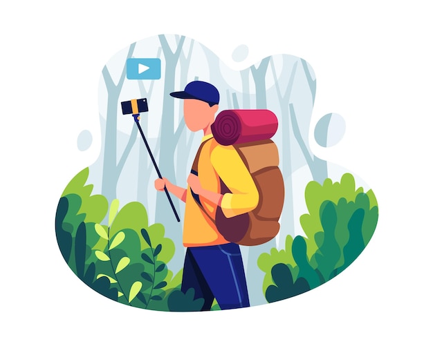 Ilustração do conceito de blogueiro de viagens. A transmissão de internet do blogueiro de viagens masculino usa smartphone. Ilustração vetorial em um estilo simples