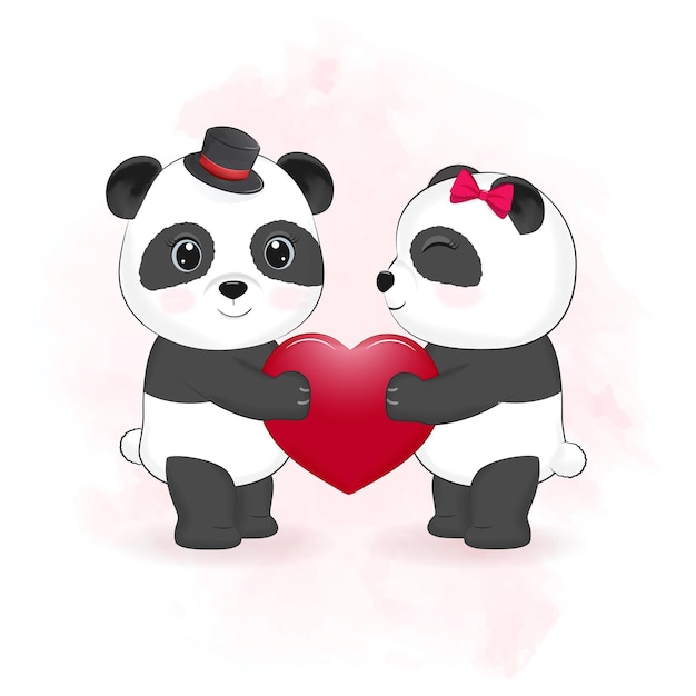 Ilustração do conceito de casal panda fofo e coração para dia dos namorados