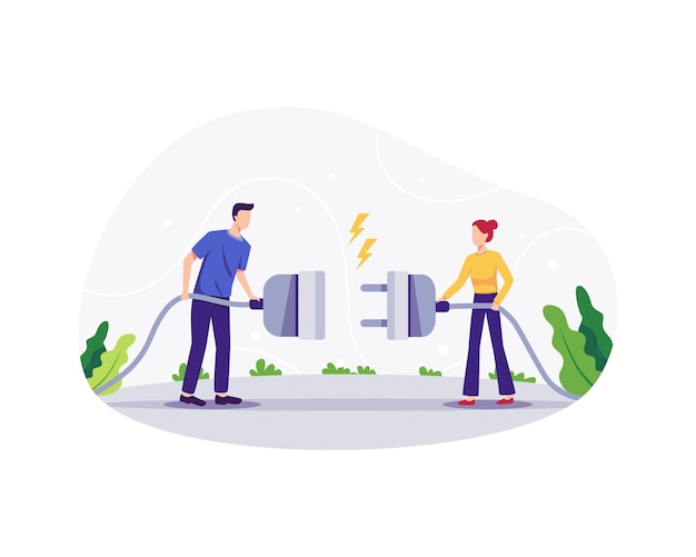 Ilustração do conceito de conexão de negócios. Parceria de negócios, duas pessoas conectando o plugue. Vetor em um estilo simples